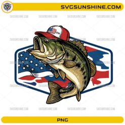 Patriotic Bass Fishing PNG with American flag background and 1776 fishing hat design