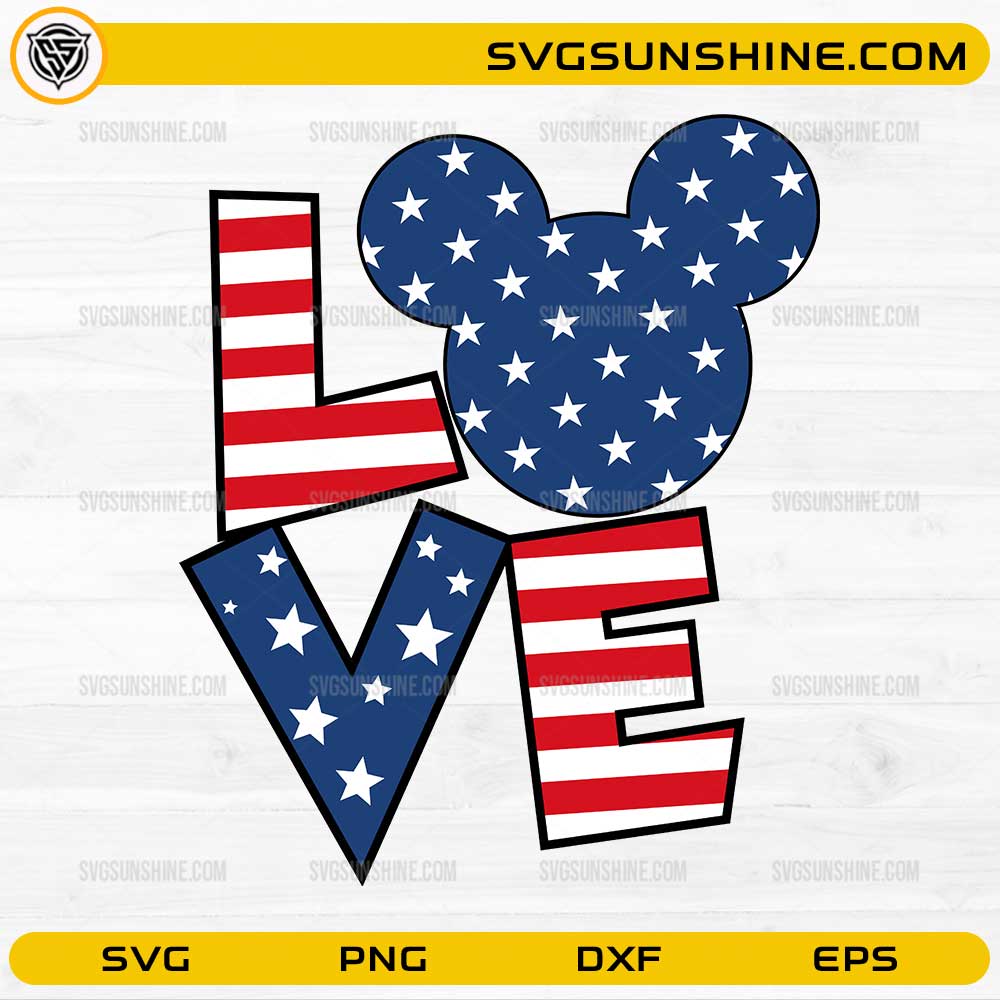 Patriotic LOVE Mickey SVG with American flag stars and stripes design
