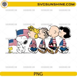 Patriotic Peanuts Gang PNG with Snoopy and friends wearing American flag outfits