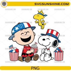 Patriotic Snoopy Charlie Brown PNG celebrating 4th of July with American-themed decorations
