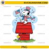 Patriotic Snoopy House PNG with Snoopy standing on doghouse holding American flag