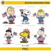 Patriotic Snoopy Peanuts bundle PNG with 4th of July cartoon characters holding American flags
