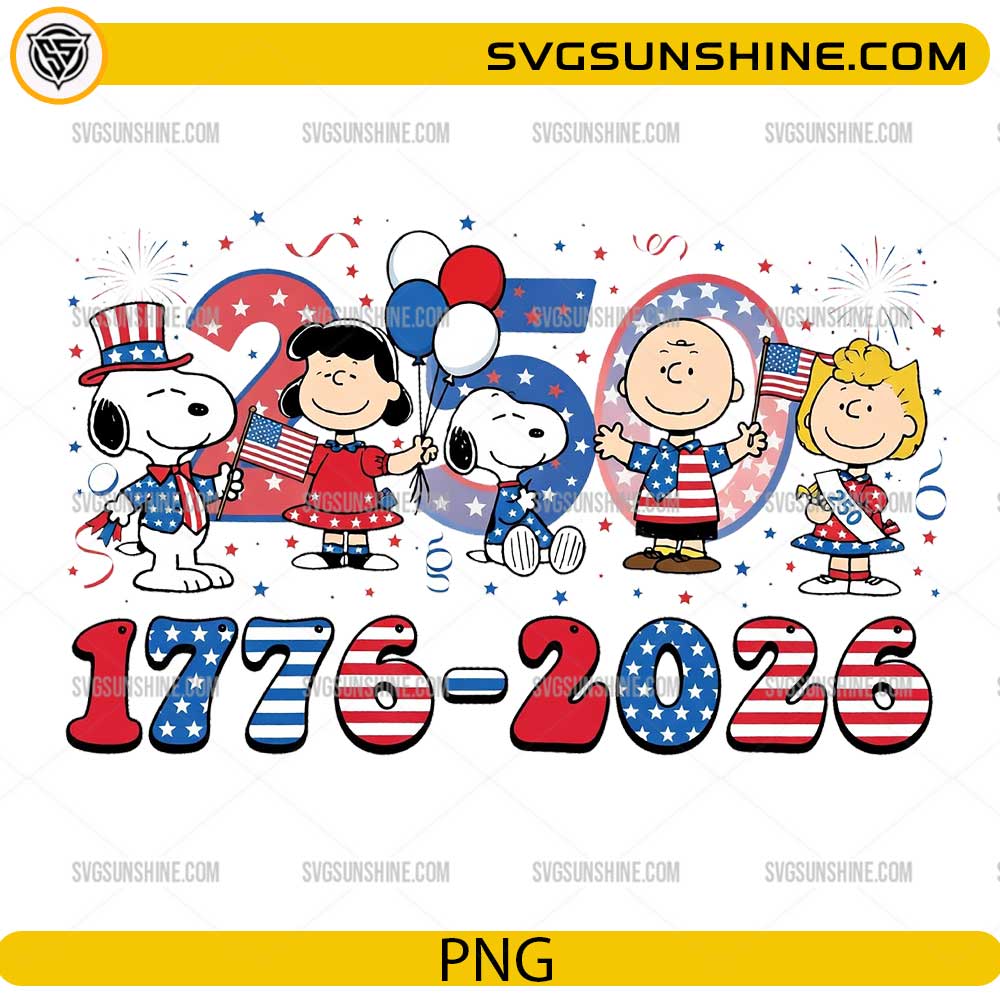 Peanuts 250th Anniversary USA PNG with Snoopy and friends celebrating 1776-2026