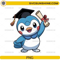 Cute Piplup Pokemon graduation PNG holding diploma and wearing graduation cap