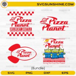 Pizza Planet SVG Bundle featuring pizza aliens, delivery shuttle logo, and space-themed pizza graphics for Cricut and Silhouette