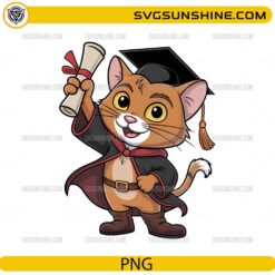 Cute Puss In Boots graduation PNG holding diploma with graduation cap