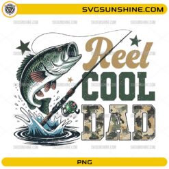Reel Cool Dad PNG featuring a jumping largemouth bass, fishing rod, and camouflage-style lettering