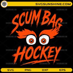 Scum Bag Hockey SVG design with cartoon eyes and distressed orange lettering