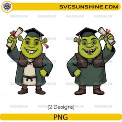 Cute Shrek graduation PNG bundle holding diploma with graduation cap