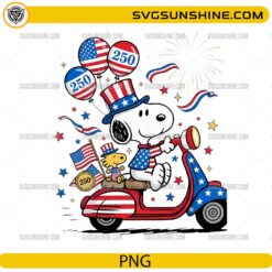 Snoopy USA 250 PNG with patriotic scooter and American flag decorations