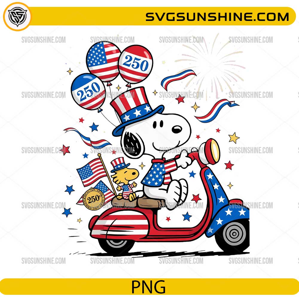 Snoopy USA 250 PNG with patriotic scooter and American flag decorations