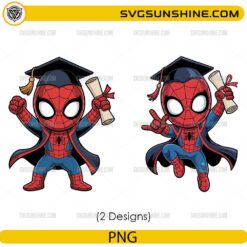 Cute spider hero graduation PNG bundle with superhero graduate holding diploma