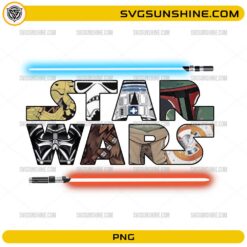 Star Wars logo PNG with blue and red lightsabers and character textures