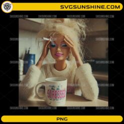 Stressed doll PNG design with messy hair and coffee mug saying stressed