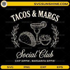 Tacos and margarita SVG design with social club text and food illustrations