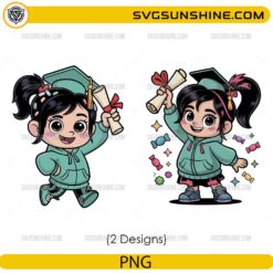 Cute Vanellope Von Schweetz graduation PNG bundle holding diploma with graduation cap