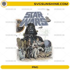 Vintage Darth Vader PNG with classic Star Wars characters poster style