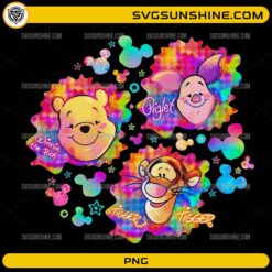 Winnie the Pooh tie dye PNG with Pooh Piglet Tigger colorful design