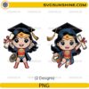 Cute wonder hero graduation PNG bundle with superhero graduate holding diploma