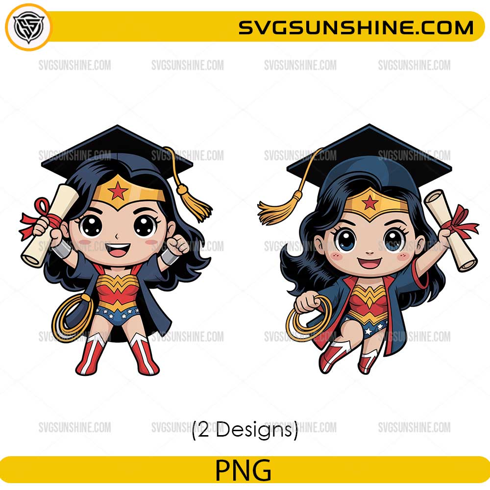 Cute wonder hero graduation PNG bundle with superhero graduate holding diploma