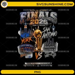 2026 Finals Showdown PNG New York vs San Antonio championship basketball design with trophy and city skylines