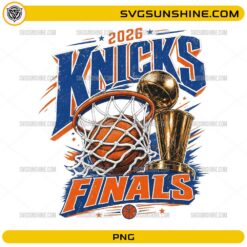 2026 Knicks Finals PNG New York Knicks basketball championship graphic with trophy and basketball hoop