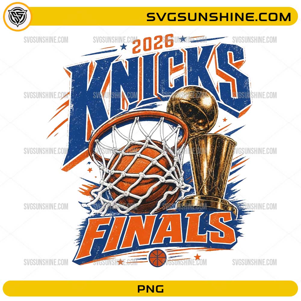2026 Knicks Finals PNG New York Knicks basketball championship graphic with trophy and basketball hoop
