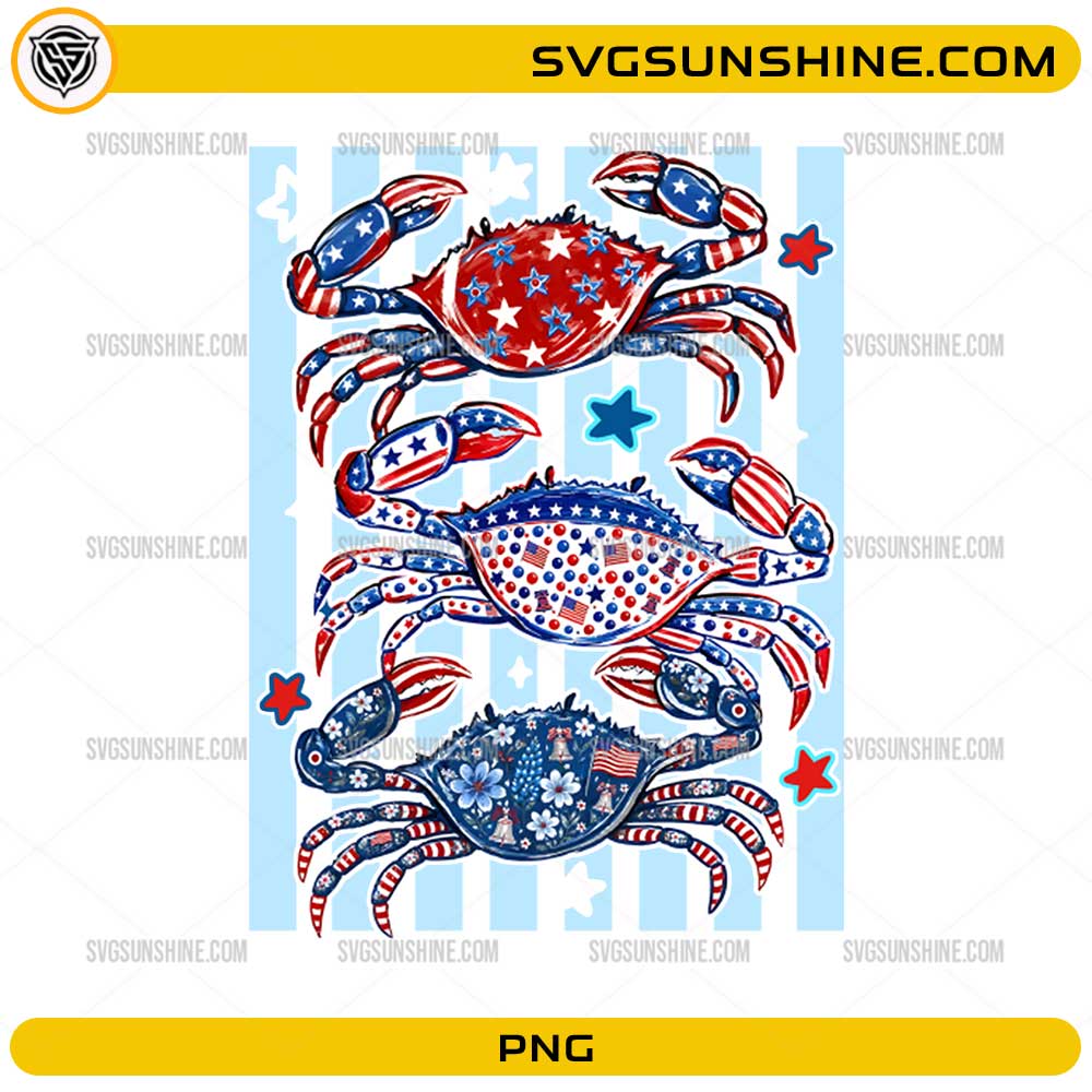 4th of July Crab PNG with patriotic stars and stripes red white and blue summer design
