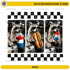 4th of July Raccoon PNG with sunglasses, patriotic drink, hot dog, and popsicle