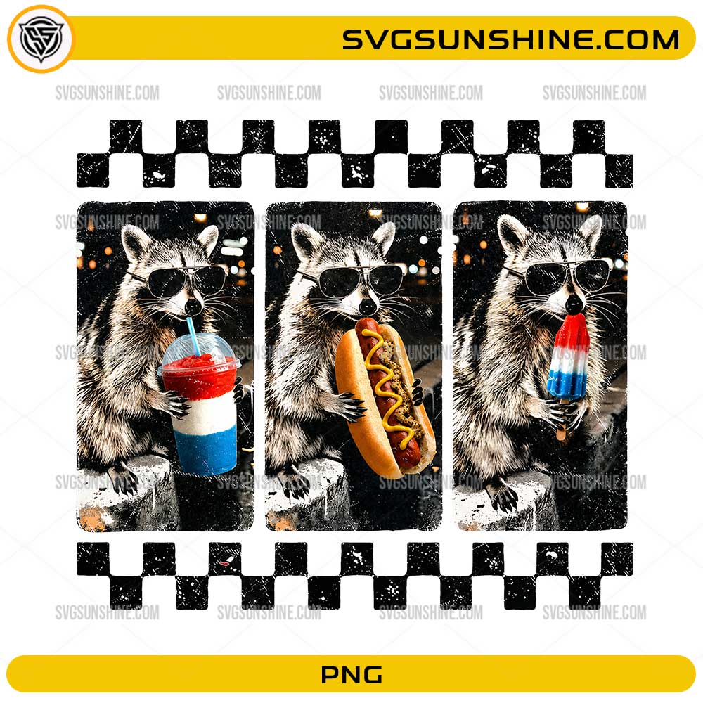 4th of July Raccoon PNG with sunglasses, patriotic drink, hot dog, and popsicle