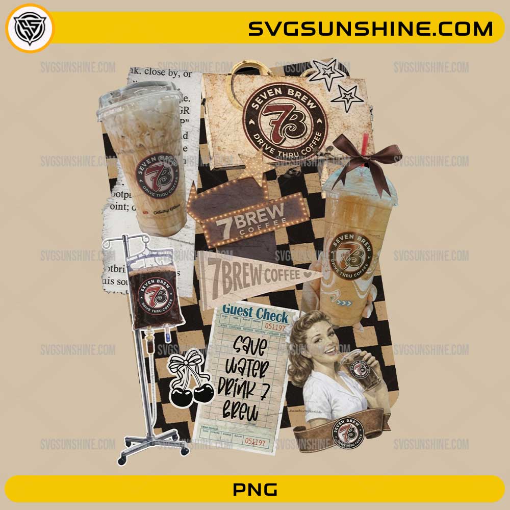 7 Brew Coffee PNG featuring a vintage coffee collage design with coffee cups, retro graphics, and coffee lover artwork
