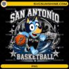 Bluey San Antonio Basketball PNG featuring Bluey dribbling a basketball in a San Antonio-inspired jersey with the city skyline.