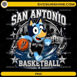 Bluey San Antonio Basketball PNG featuring Bluey dribbling a basketball in a San Antonio-inspired jersey with the city skyline.