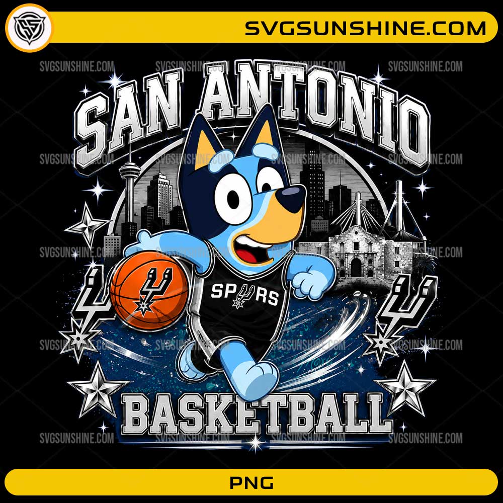 Bluey San Antonio Basketball PNG featuring Bluey dribbling a basketball in a San Antonio-inspired jersey with the city skyline.