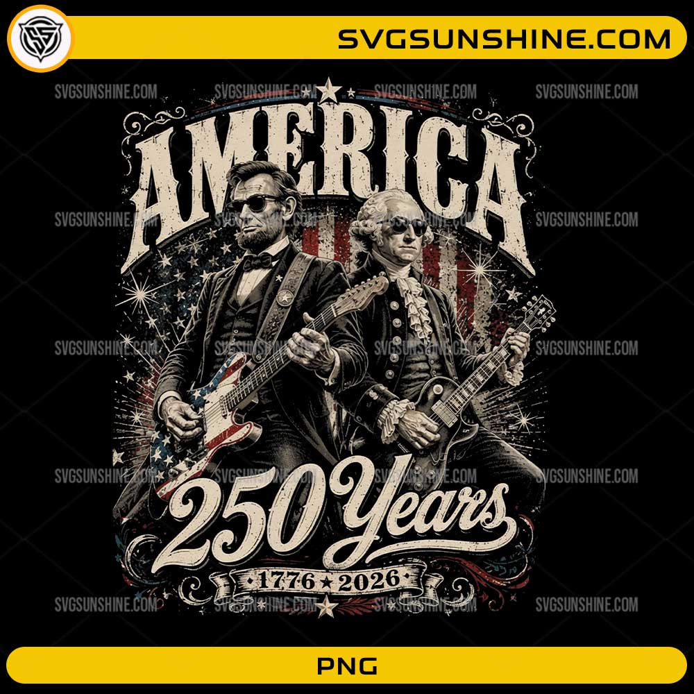 George Washington & Abraham Lincoln PNG clipart playing guitars with American flag for 250 Years of America