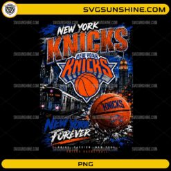 New York Knicks Basketball PNG featuring New York skyline, subway train, basketball, and New York Forever text