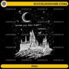Harry Potter Hogwarts Line Art Moonrise PNG with magical castle, crescent moon, stars, and Always quote