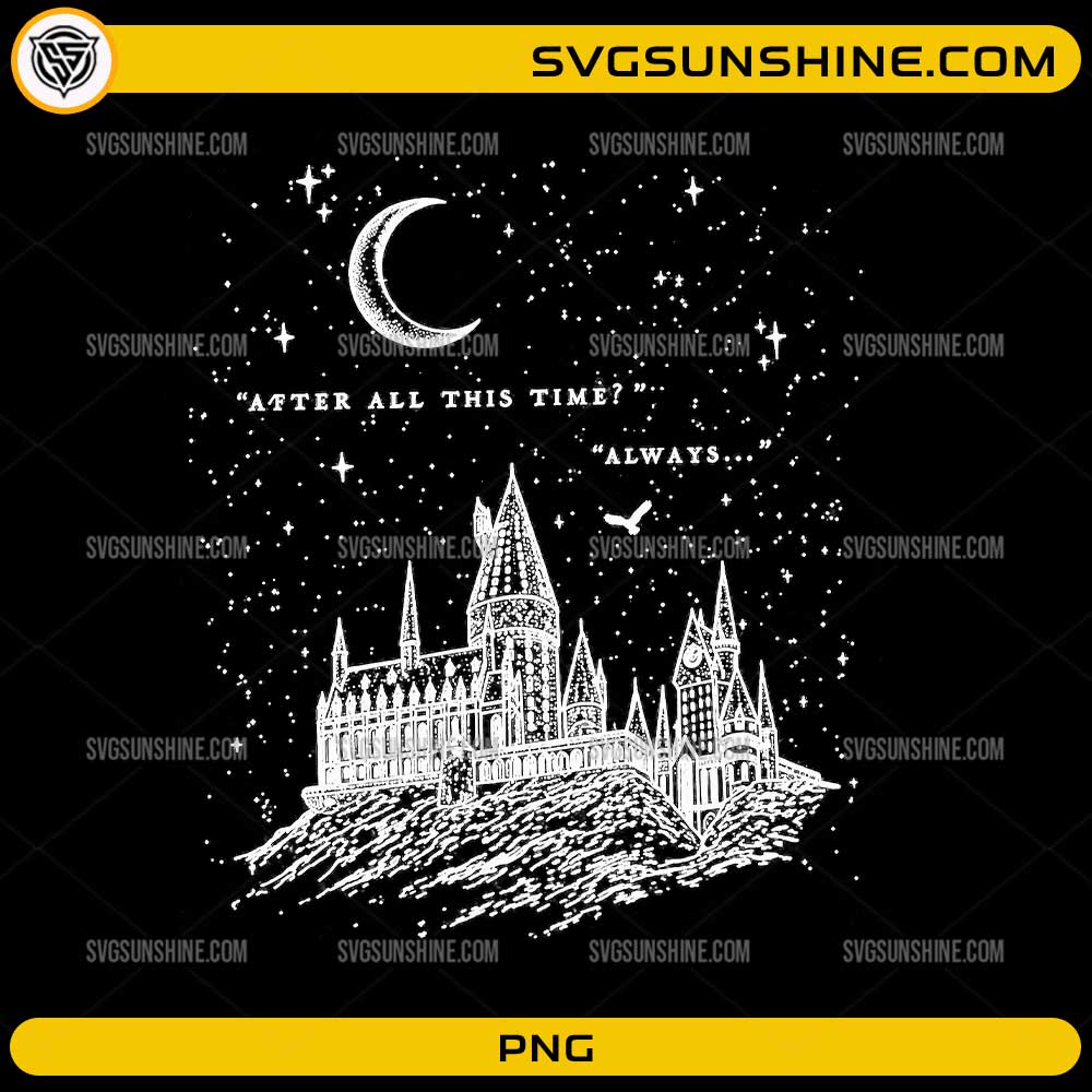 Harry Potter Hogwarts Line Art Moonrise PNG with magical castle, crescent moon, stars, and Always quote