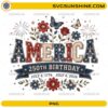 America 250th Birthday PNG with patriotic flowers, butterflies, and fireworks