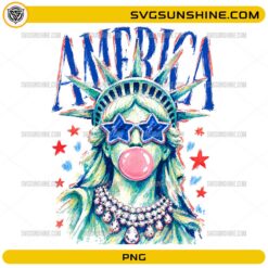 America 4th of July Girly PNG featuring Statue of Liberty with star sunglasses and pink bubble gum