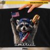 America Feral & Free Raccoon PNG featuring a patriotic raccoon wearing sunglasses, USA hat, American flag bandana, holding a flag and hot dog for Fourth of July t-shirts, sublimation, and Cricut projects.