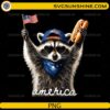 Funny patriotic America Raccoon PNG holding an American flag and hot dog while wearing sunglasses