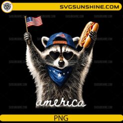 Funny patriotic America Raccoon PNG holding an American flag and hot dog while wearing sunglasses