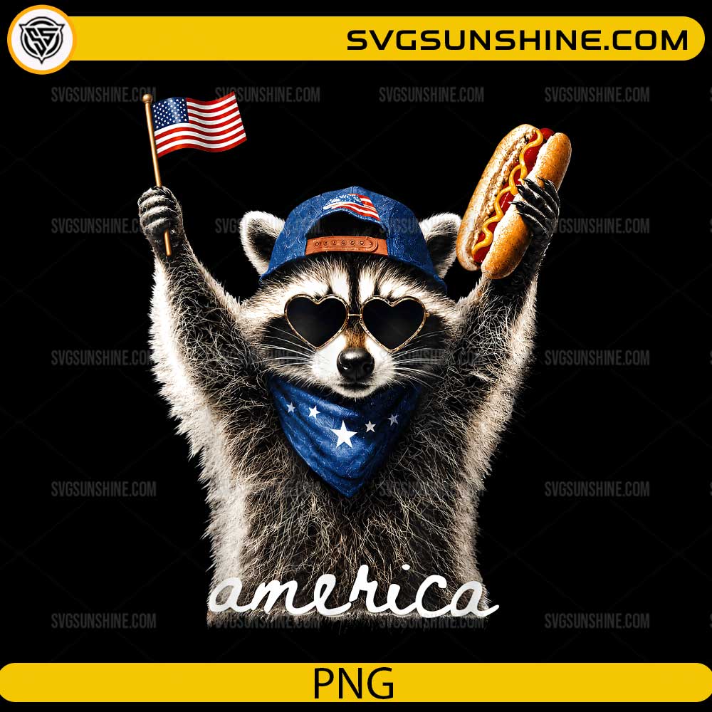 Funny patriotic America Raccoon PNG holding an American flag and hot dog while wearing sunglasses