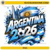 Argentina 2026 Soccer PNG with soccer ball, blue white flag ribbons, stars, and city skyline