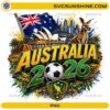 Australia 2026 Soccer PNG with Australian flag, soccer ball, kangaroo, Sydney Opera House, and football fan design