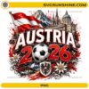 Austria 2026 Soccer PNG with Austrian flag, soccer ball, alpine mountains, crest, and football fan design