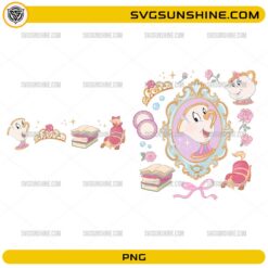 Beauty and the Beast Mrs. Potts PNG featuring Mrs. Potts, enchanted books, roses, royal mirror, tiara, and transparent background.