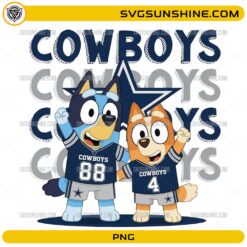 Bluey Cowboys football PNG featuring Bluey and Bingo in navy football jerseys for sublimation and game day crafts.