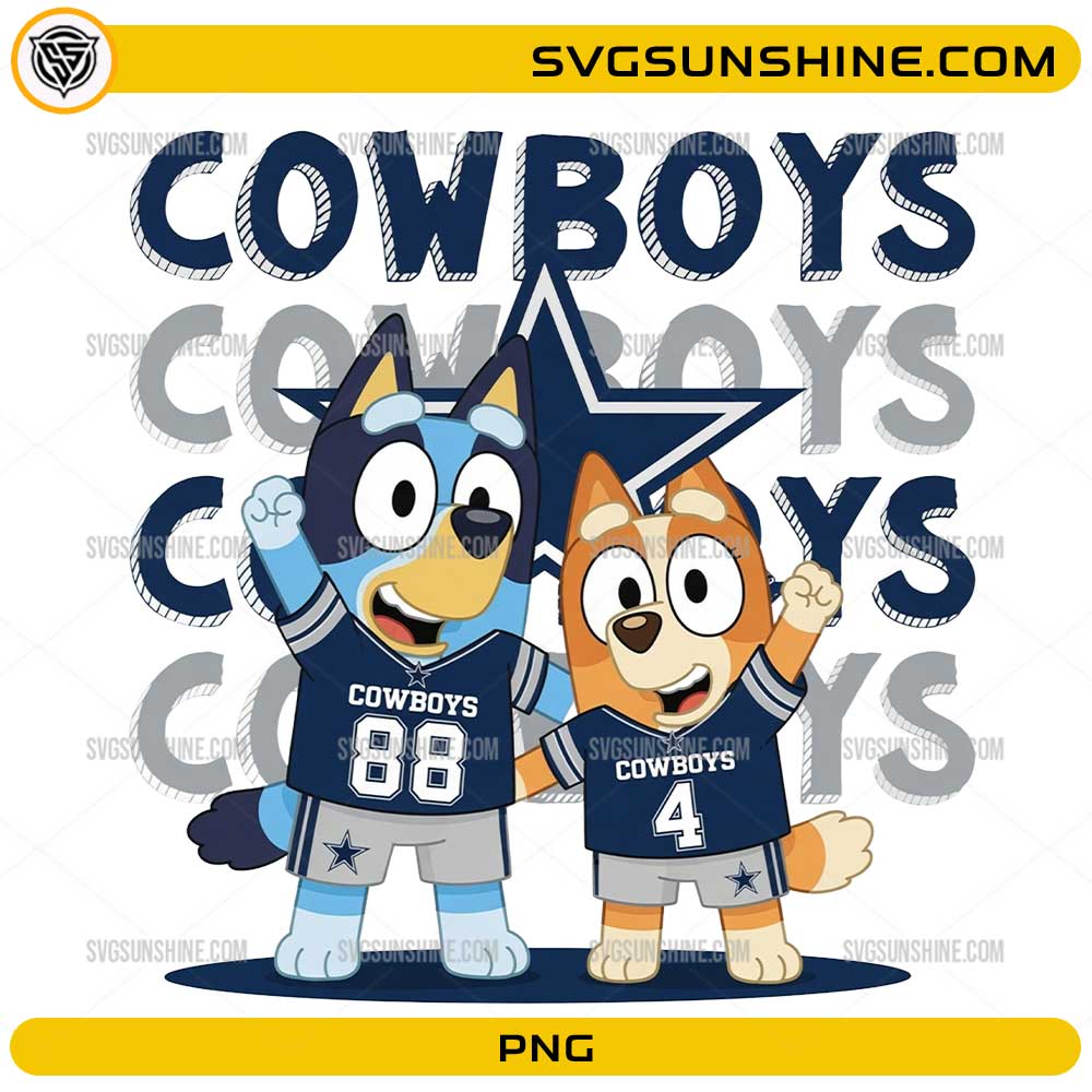Bluey Cowboys football PNG featuring Bluey and Bingo in navy football jerseys for sublimation and game day crafts.